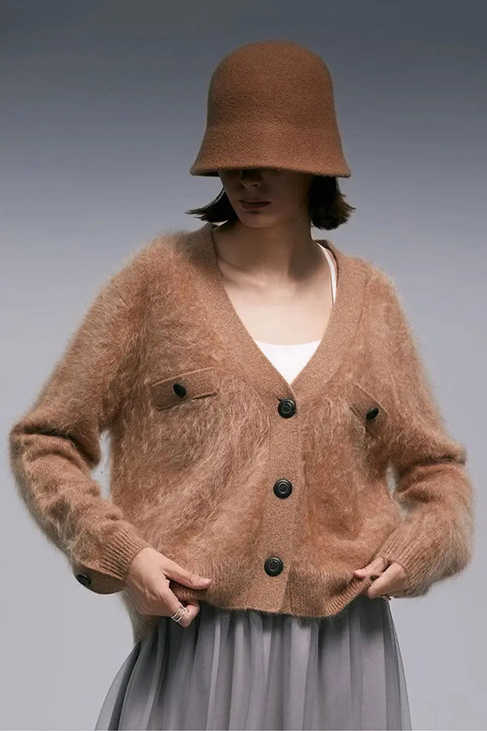 Fibflx Women's Chunky Brushed Cashmere V-Neck Cardigan with Decorative Pockets