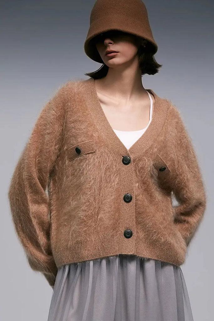 Fibflx Women's Chunky Brushed Cashmere V-Neck Cardigan with Decorative Pockets