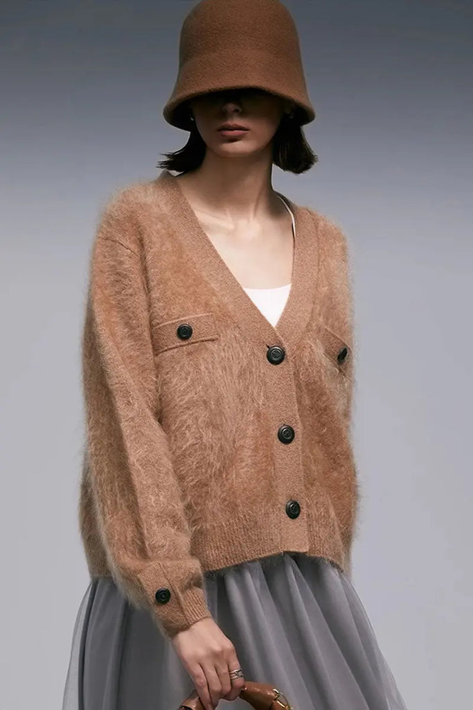 Fibflx Women's Chunky Brushed Cashmere V-Neck Cardigan with Decorative Pockets