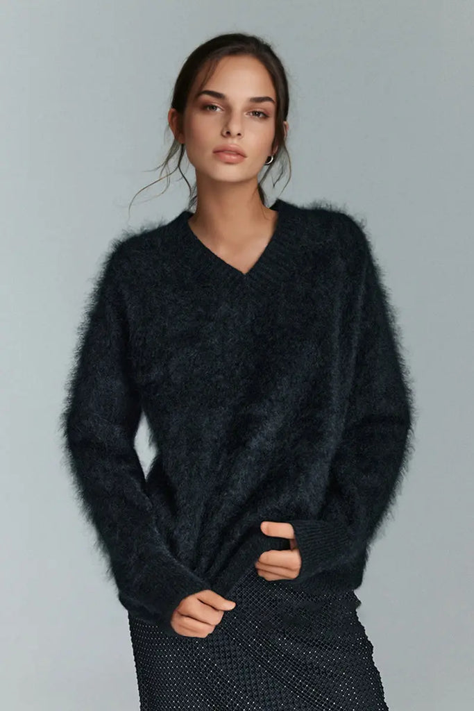 Fibflx Women's Chunky Brushed Cashmere V-Neck Pullover Sweater