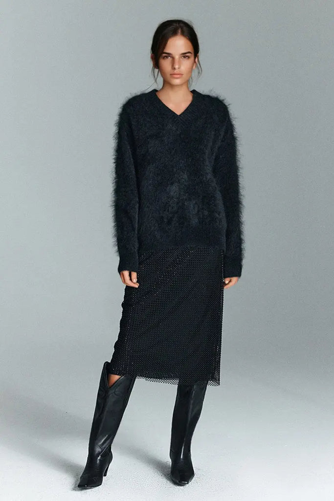 Fibflx Women's Chunky Brushed Cashmere V-Neck Pullover Sweater