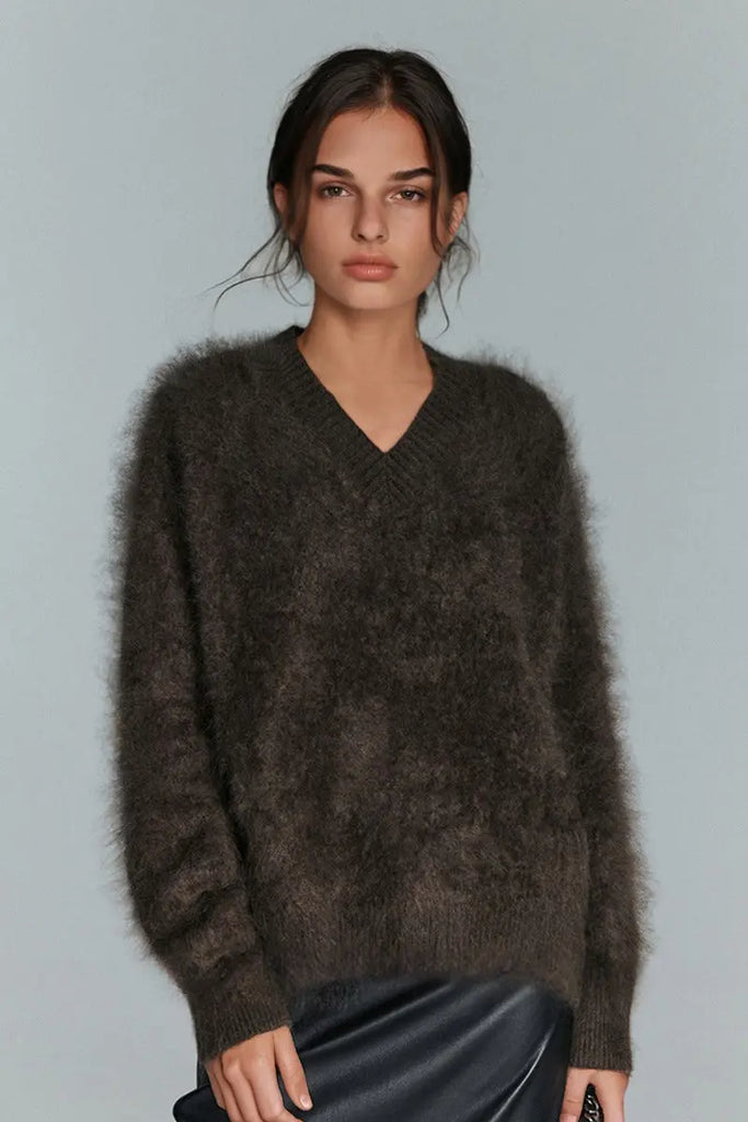 Fibflx Women's Chunky Brushed Cashmere V-Neck Pullover Sweater
