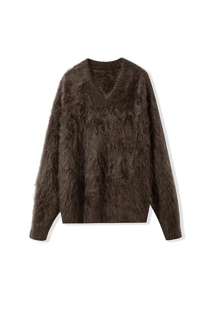 Fibflx Women's Chunky Brushed Cashmere V-Neck Pullover Sweater