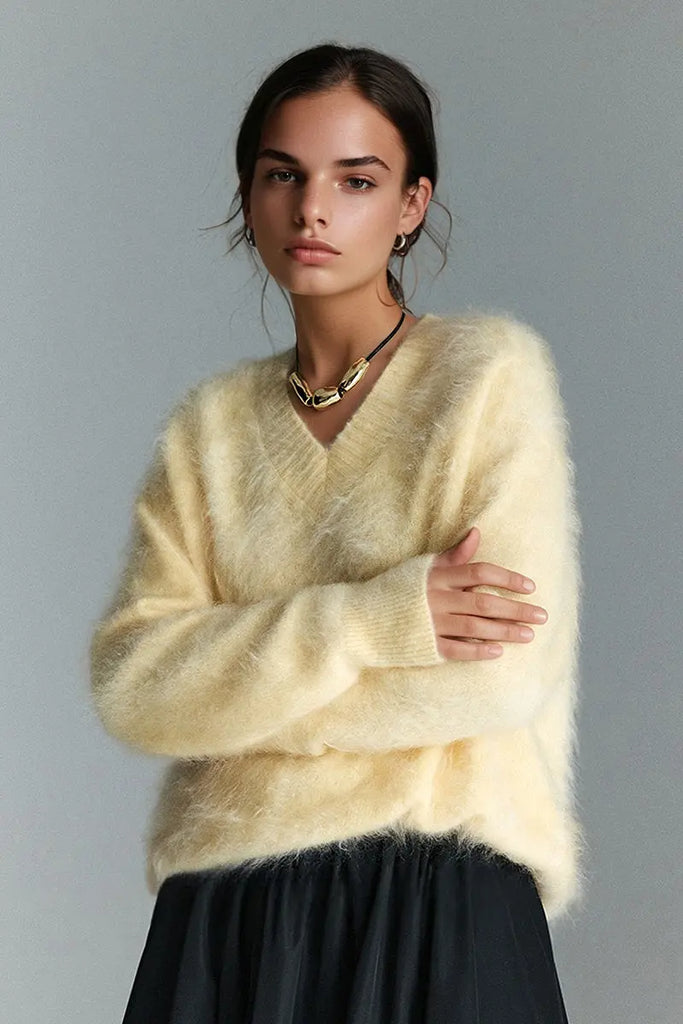 Fibflx Women's Chunky Brushed Cashmere V-Neck Pullover Sweater