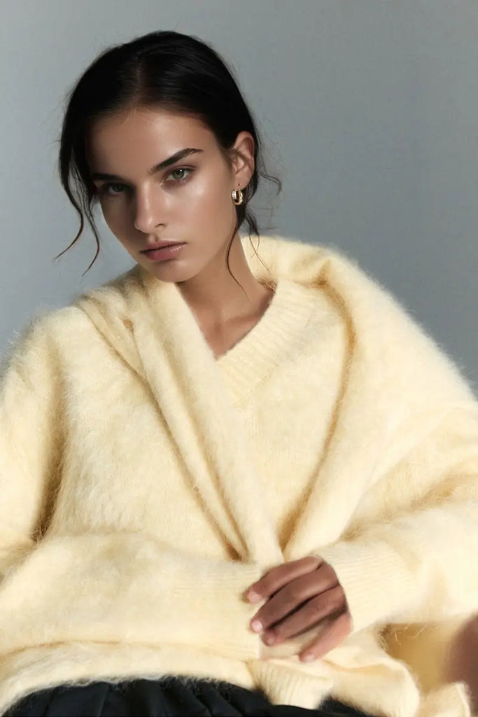 Fibflx Women's Chunky Brushed Cashmere V-Neck Pullover Sweater