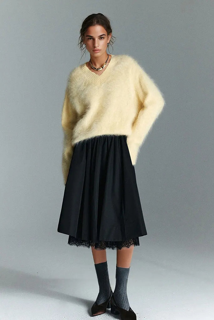 Fibflx Women's Chunky Brushed Cashmere V-Neck Pullover Sweater