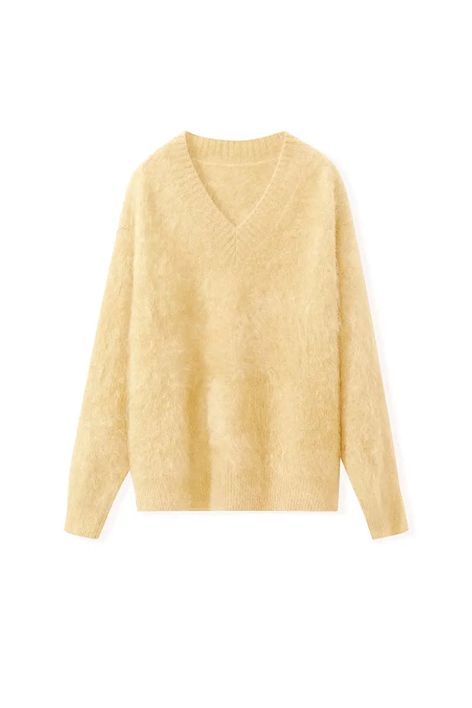 Fibflx Women's Chunky Brushed Cashmere V-Neck Pullover Sweater