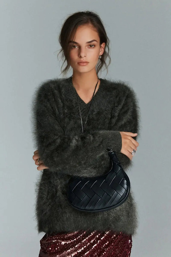 Fibflx Women's Chunky Brushed Cashmere V-Neck Pullover Sweater