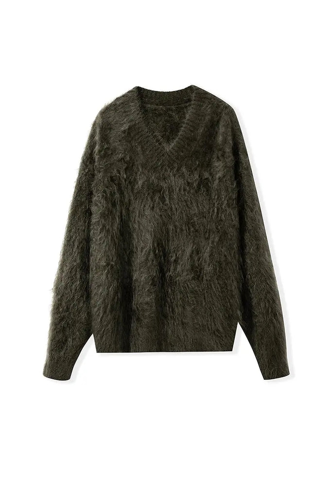 Fibflx Women's Chunky Brushed Cashmere V-Neck Pullover Sweater