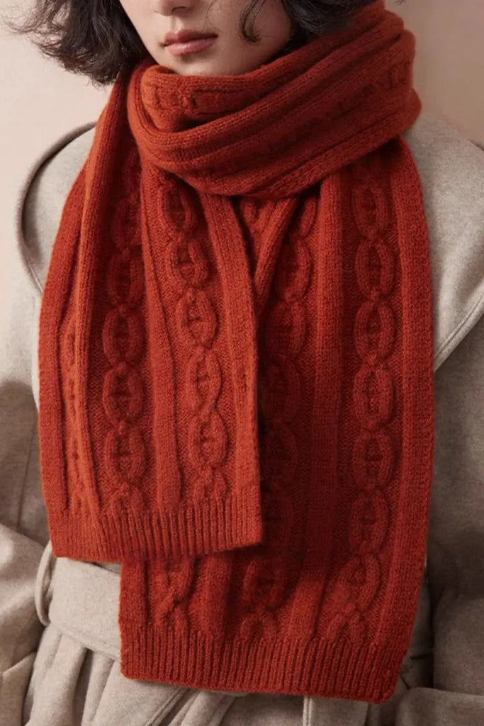 Fibflx Women's Chunky Cable Knit Merino Wool Scarf with Ribbed Trim