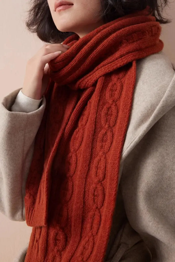 Fibflx Women's Chunky Cable Knit Merino Wool Scarf with Ribbed Trim