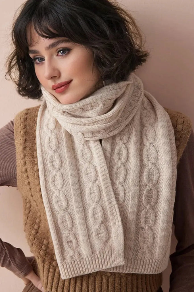 Fibflx Women's Chunky Cable Knit Merino Wool Scarf with Ribbed Trim