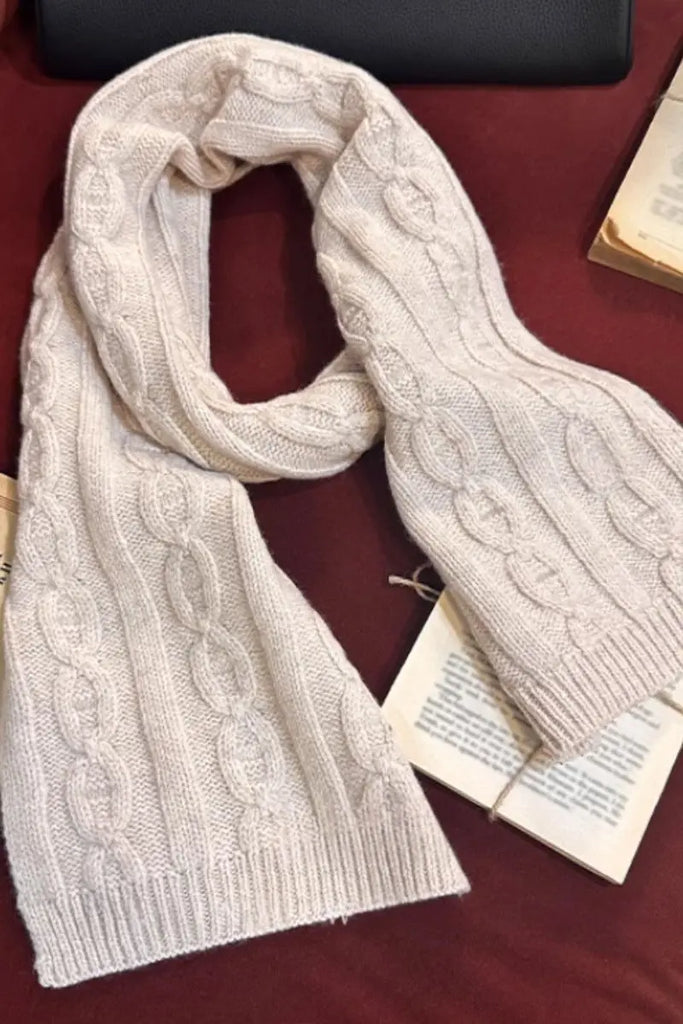 Fibflx Women's Chunky Cable Knit Merino Wool Scarf with Ribbed Trim