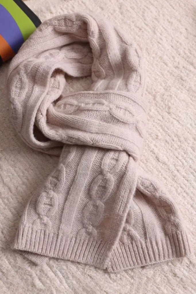 Fibflx Women's Chunky Cable Knit Merino Wool Scarf with Ribbed Trim