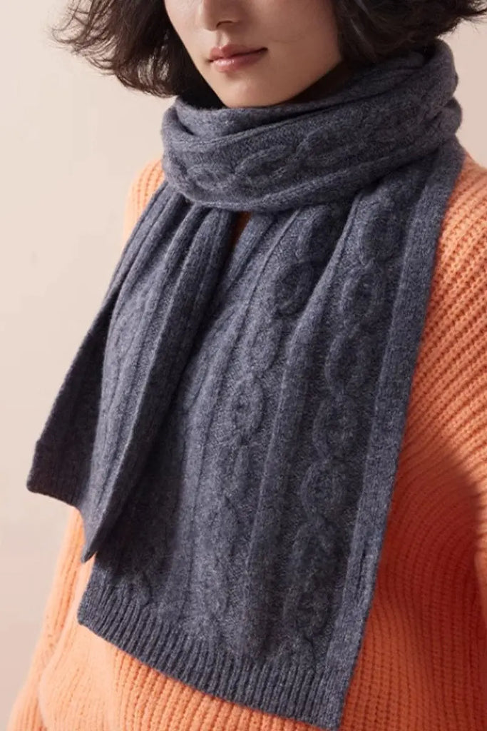 Fibflx Women's Chunky Cable Knit Merino Wool Scarf with Ribbed Trim