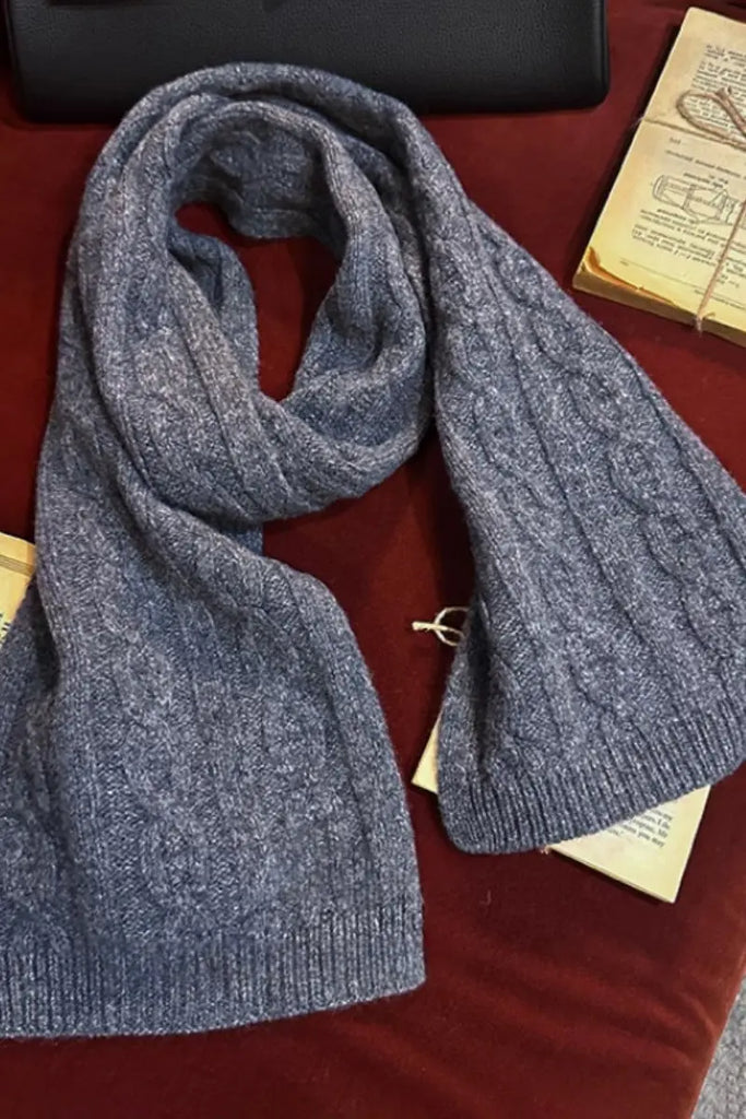 Fibflx Women's Chunky Cable Knit Merino Wool Scarf with Ribbed Trim