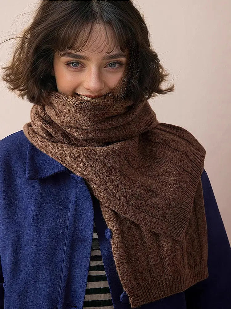 Fibflx Women's Chunky Cable Knit Merino Wool Scarf with Ribbed Trim