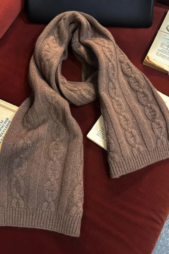 Fibflx Women's Chunky Cable Knit Merino Wool Scarf with Ribbed Trim