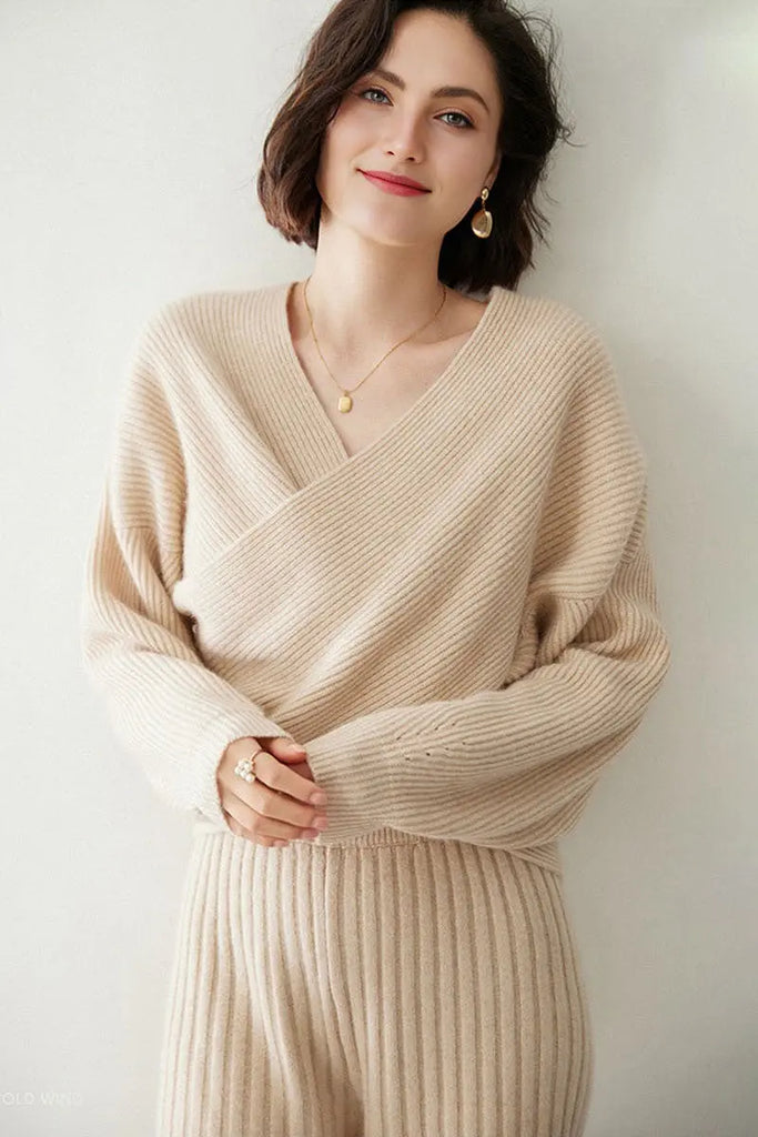 Fibflx Women's Chunky Cashmere V-Neck Ribbed Wrap Sweater
