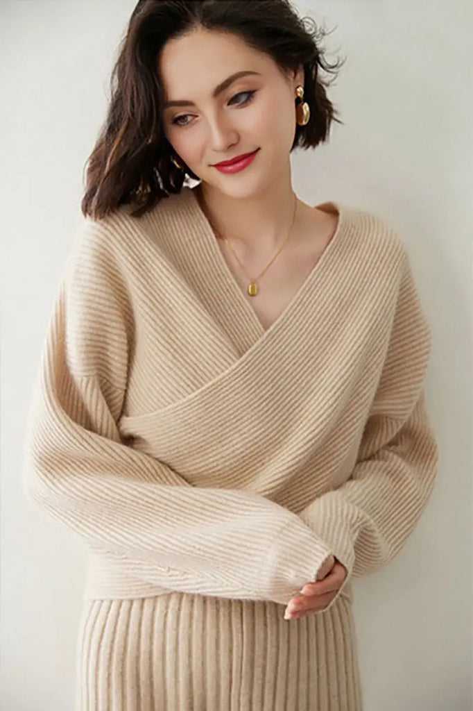 Fibflx Women's Chunky Cashmere V-Neck Ribbed Wrap Sweater