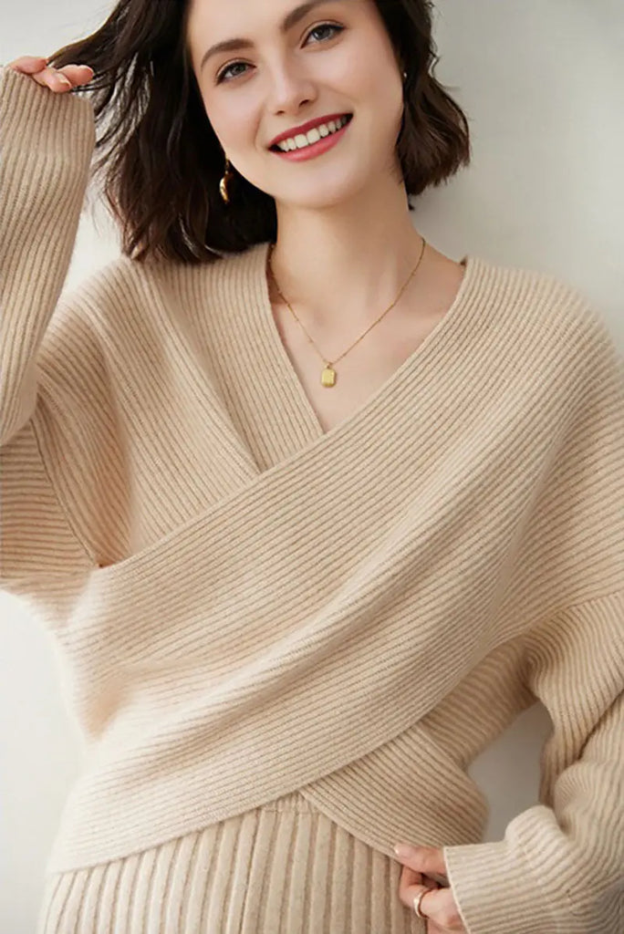 Fibflx Women's Chunky Cashmere V-Neck Ribbed Wrap Sweater