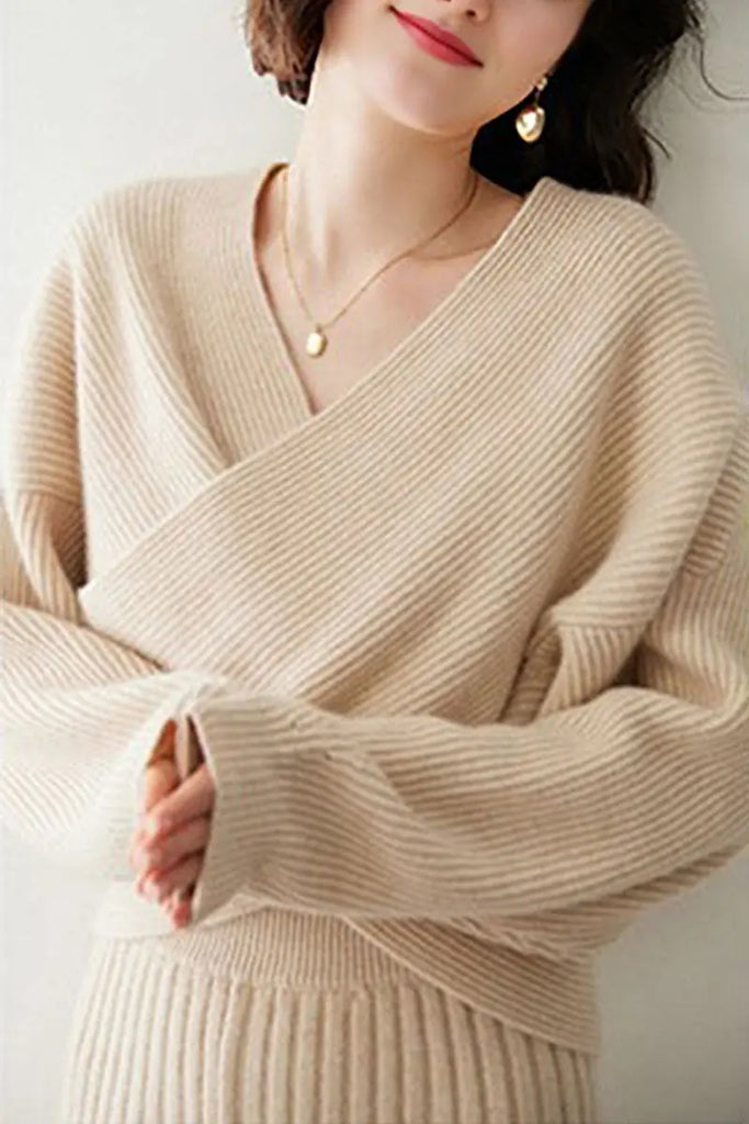 Fibflx Women's Chunky Cashmere V-Neck Ribbed Wrap Sweater