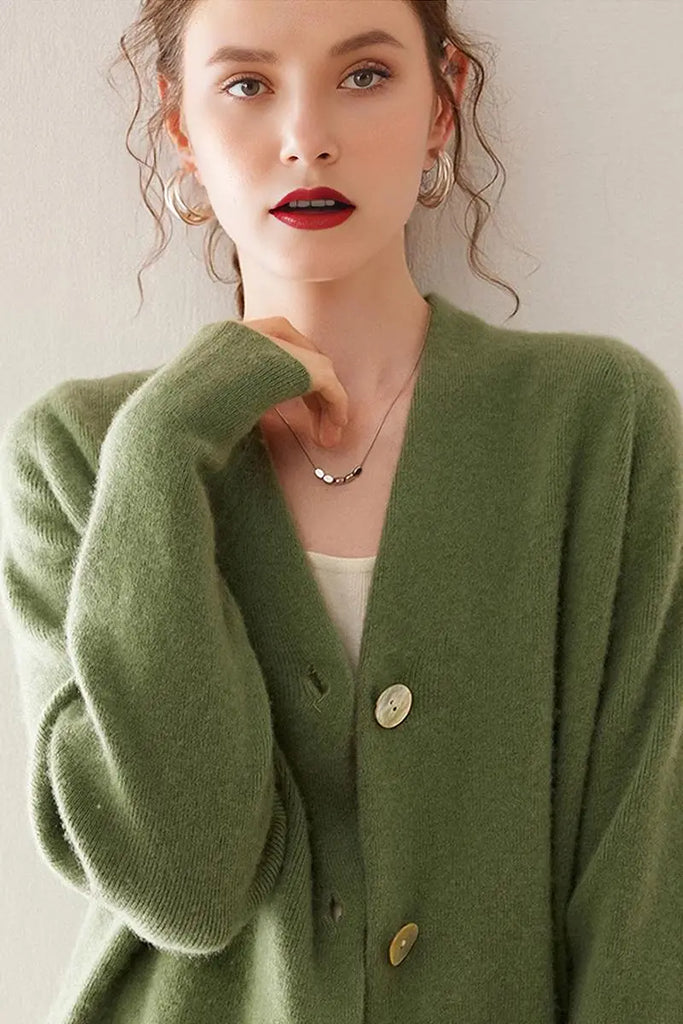 Fibflx Women's Chunky Knit 100 Cashmere V-Neck Cardigan