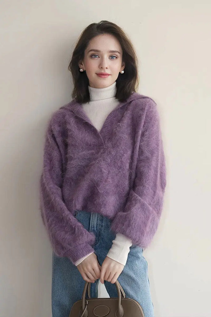 Fibflx Women's Chunky Overseizd Brushed Cashmere Polo Collar Sweater