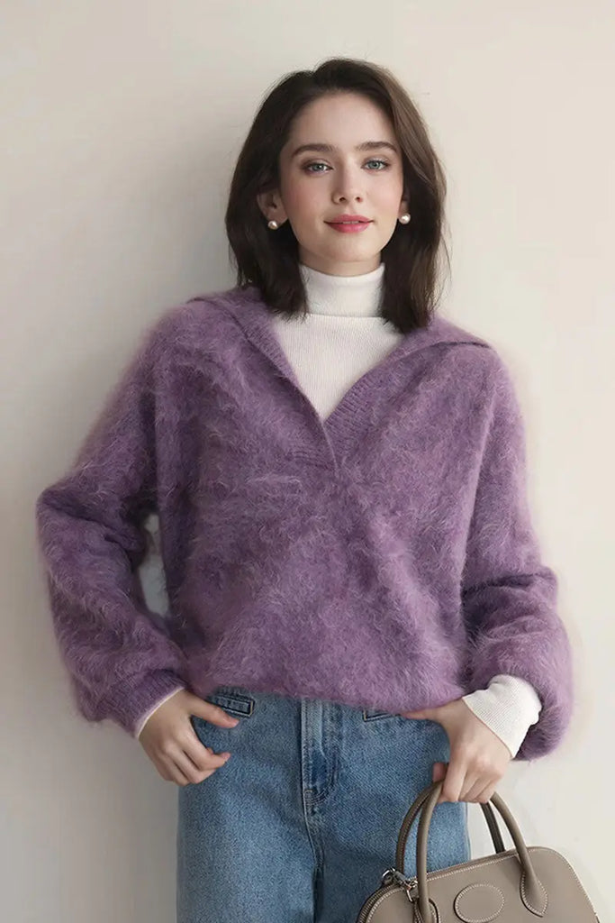 Fibflx Women's Chunky Overseizd Brushed Cashmere Polo Collar Sweater