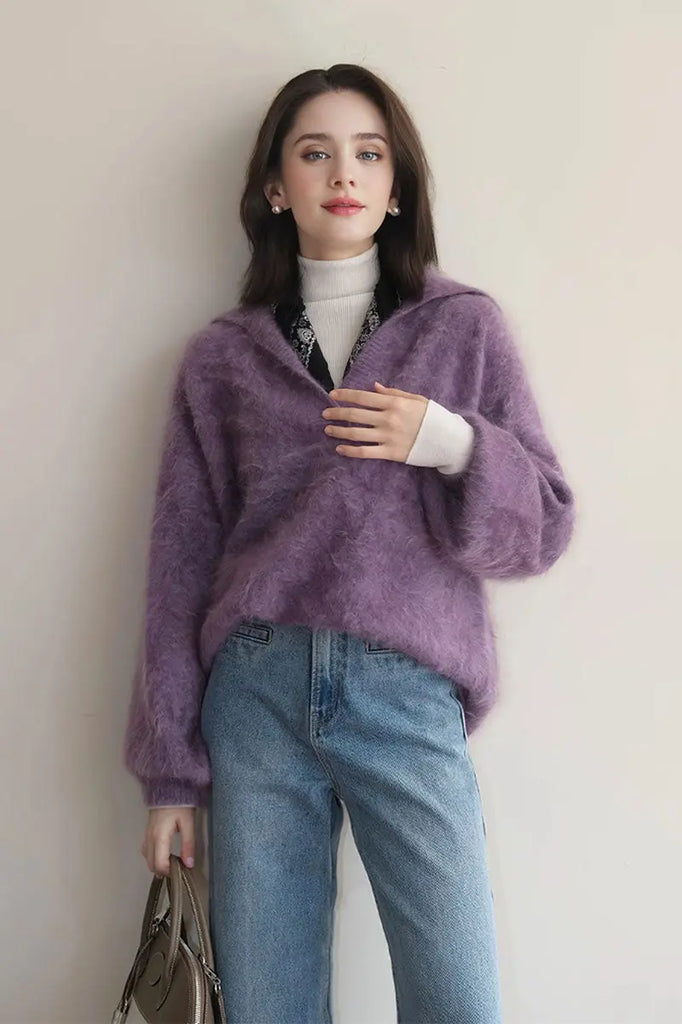 Fibflx Women's Chunky Overseizd Brushed Cashmere Polo Collar Sweater