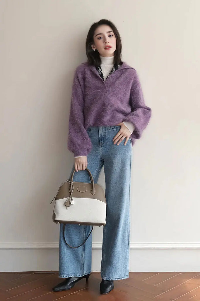 Fibflx Women's Chunky Overseizd Brushed Cashmere Polo Collar Sweater