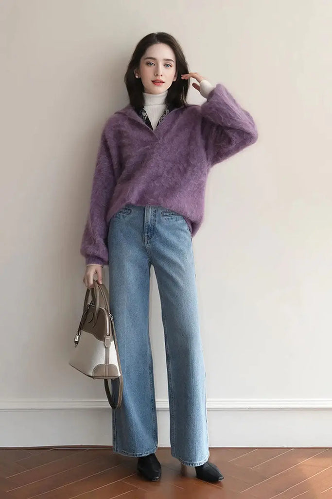 Fibflx Women's Chunky Overseizd Brushed Cashmere Polo Collar Sweater