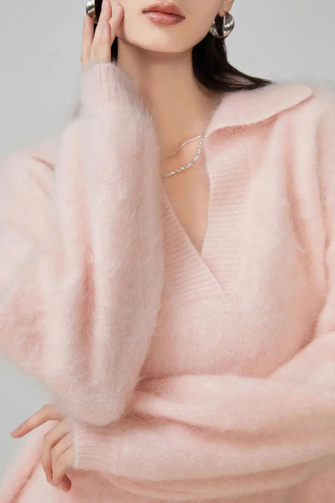 Fibflx Women's Chunky Overseizd Brushed Cashmere Polo Collar Sweater