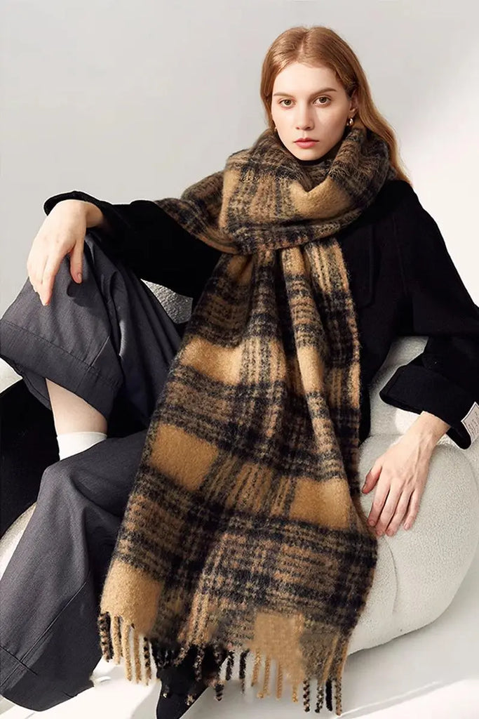 Fibflx Women's Chunky Oversized Wool Blend Plaid Blanket Scarf