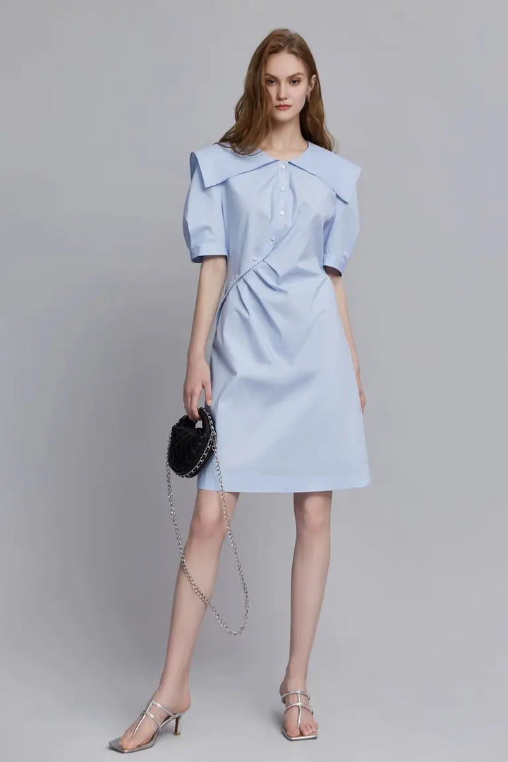 Cinched Waist Bubble Sleeve Shirt Dress XS / Sonata Blue / 64.1% Cotton 31.1% Nylon 4.6% Spandex