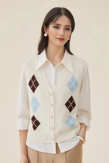 Fibflx Women's Classic 100 Wool Argyle V-Neck Cardigan Sweater Vest