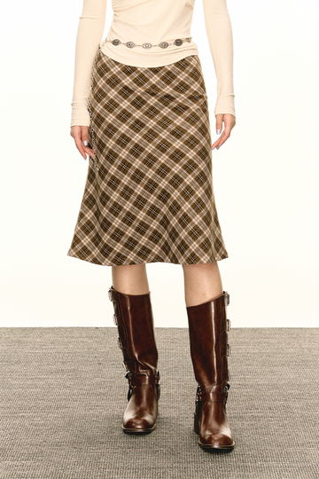 Classic A-Line Plaid Midi Skirt Fibflx