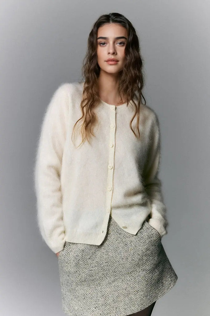 Fibflx Women's Classic Brushed Cashmere Crewneck Button Front Cardigan