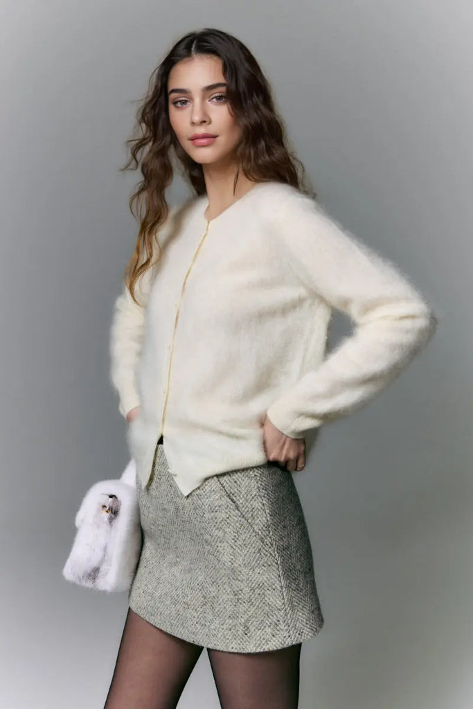 Fibflx Women's Classic Brushed Cashmere Crewneck Button Front Cardigan