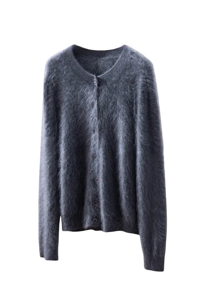 Fibflx Women's Classic Brushed Cashmere Crewneck Button Front Cardigan