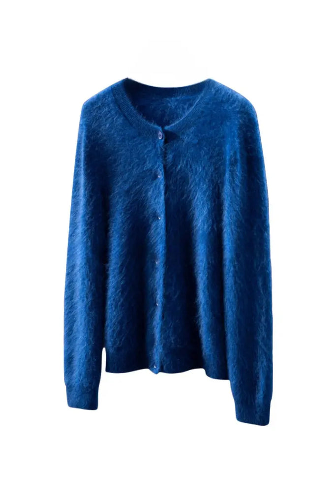 Fibflx Women's Classic Brushed Cashmere Crewneck Button Front Cardigan