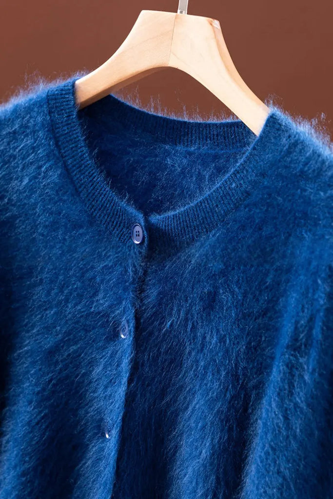 Fibflx Women's Classic Brushed Cashmere Crewneck Button Front Cardigan