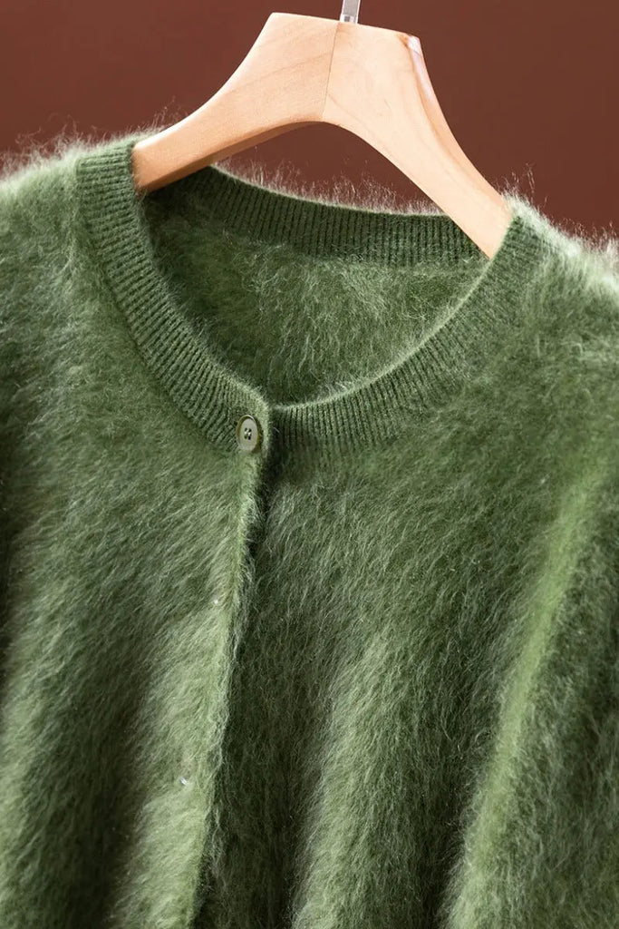 Fibflx Women's Classic Brushed Cashmere Crewneck Button Front Cardigan