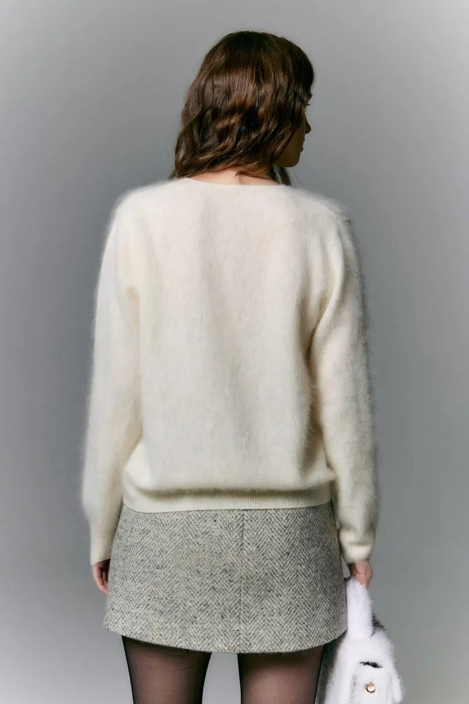 Fibflx Women's Classic Brushed Cashmere Crewneck Button Front Cardigan