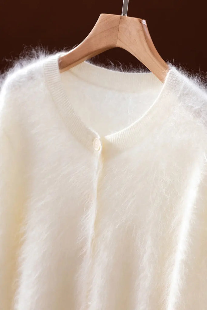 Fibflx Women's Classic Brushed Cashmere Crewneck Button Front Cardigan