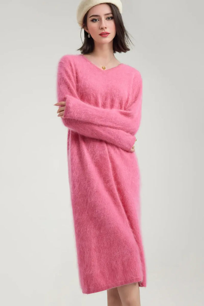 Fibflx Women's Classic Brushed Cashmere V-Neck Long Sleeve Sweater Dress