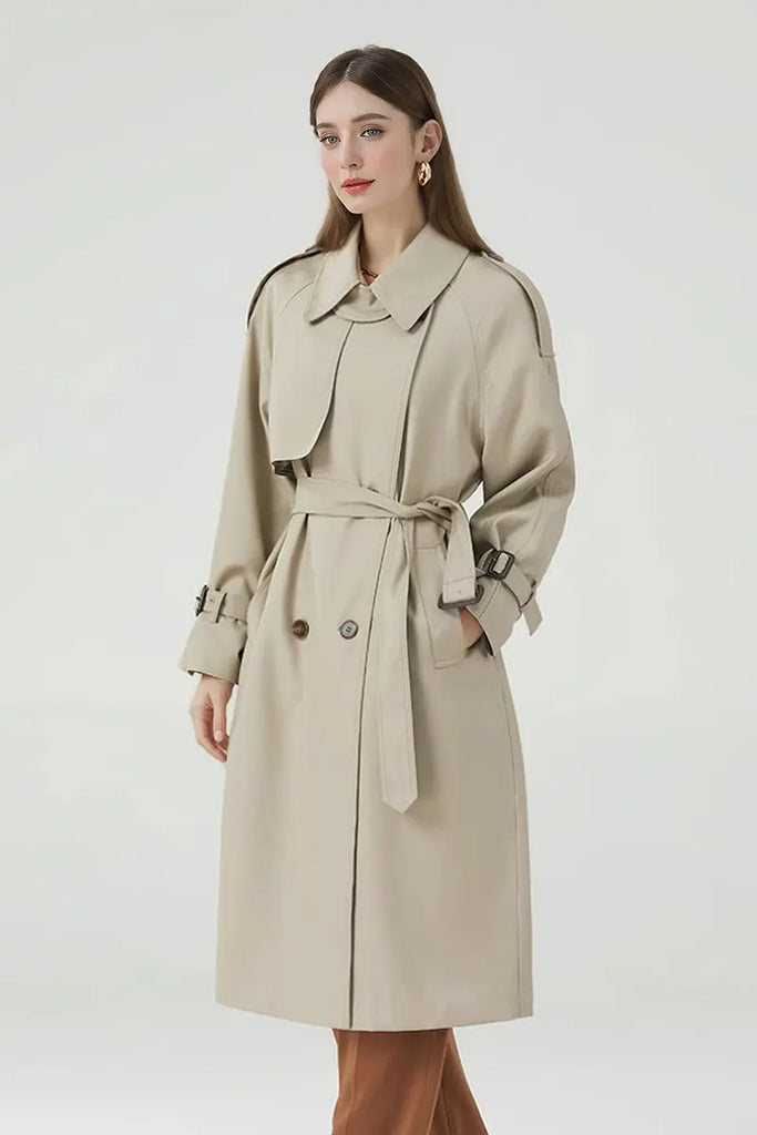Fibflx Women's Classic Double Breasted Long Trench Coat with Belt