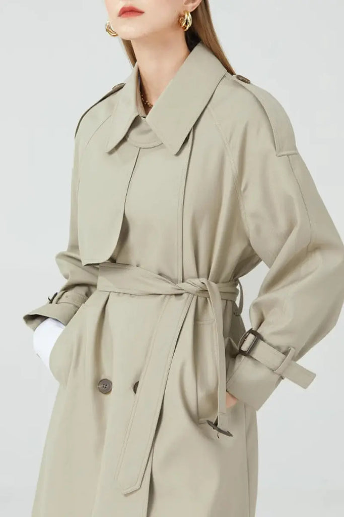 Fibflx Women's Classic Double Breasted Long Trench Coat with Belt