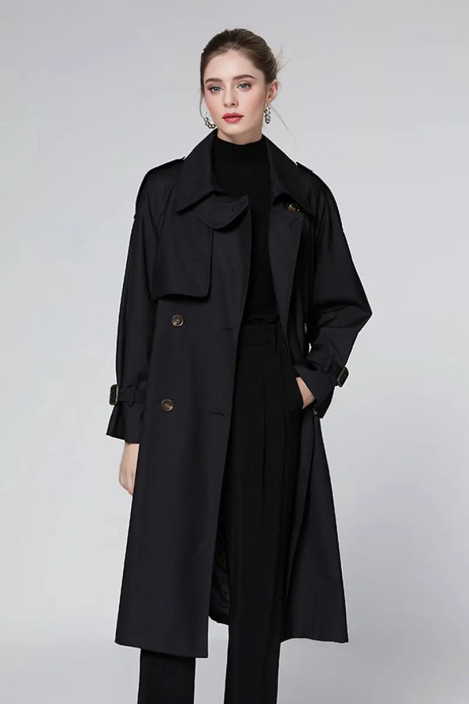 Fibflx Women's Classic Double Breasted Long Trench Coat with Belt