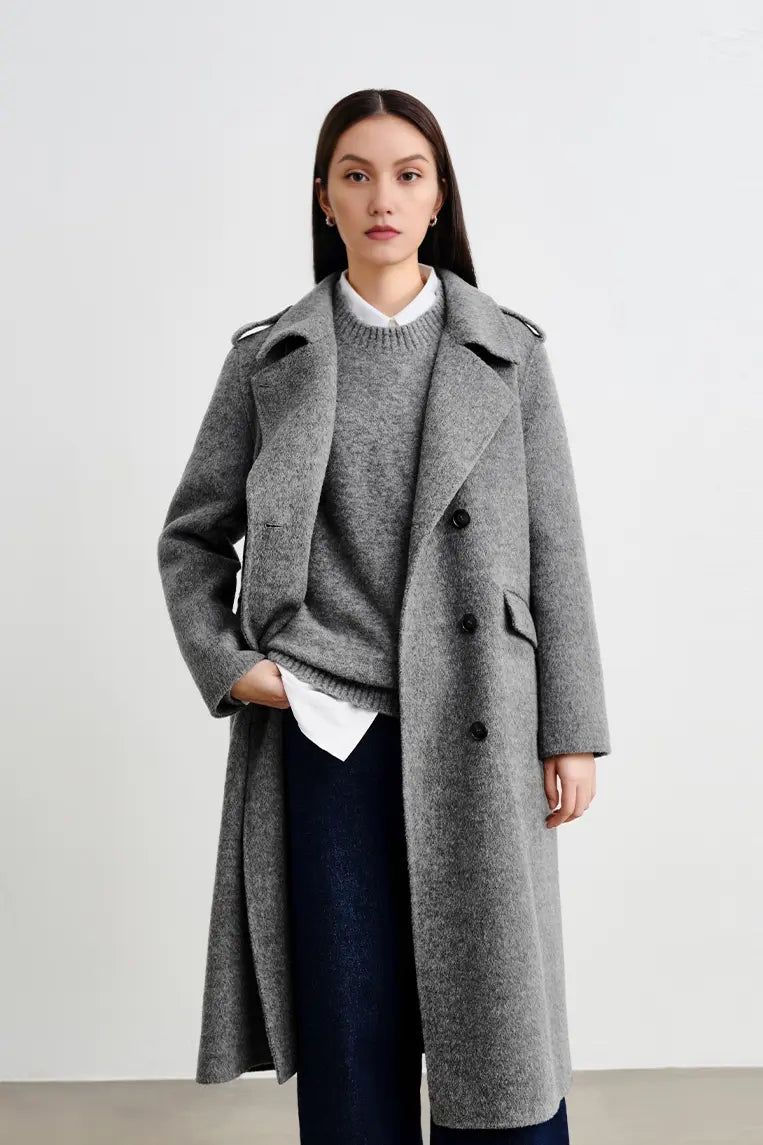 Fibflx Women's Long Double-breasted Wool Coat With Padded Shoulder